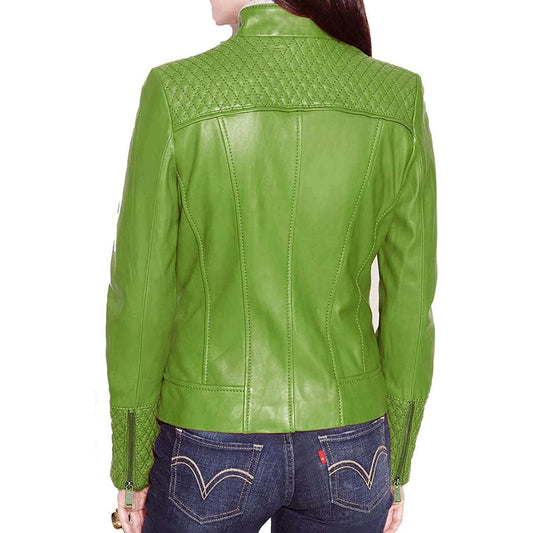 New Women's Lambskin Green Leather Jacket Stylish Slim Fit Motorcycle Jacket | Lime Green Quilted Leather Jacket