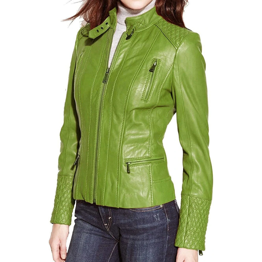 New Women's Lambskin Green Leather Jacket Stylish Slim Fit Motorcycle Jacket | Lime Green Quilted Leather Jacket