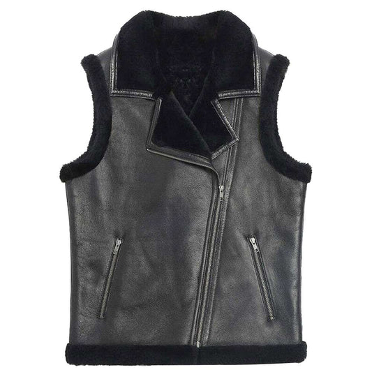 Black Shearling Leather Motorcycle Vest For Men