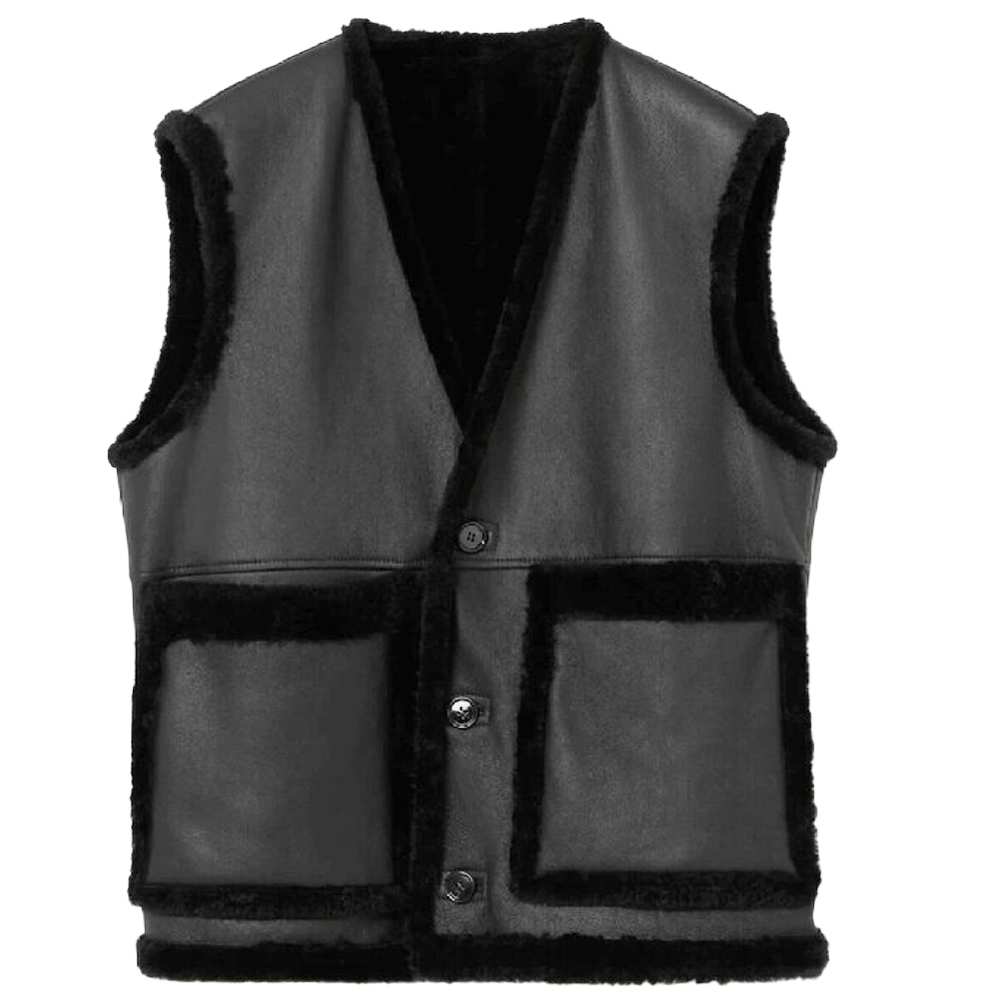 Black Shearling Leather Vest Men - Jacket Hunt