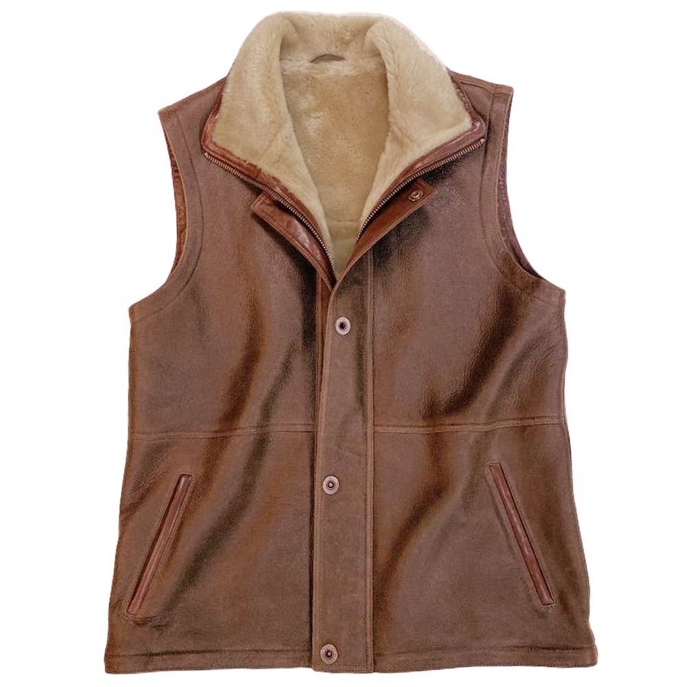 Brown Cowboy Shearling Leather Vest Sheepskin Fur Waistcoat Men