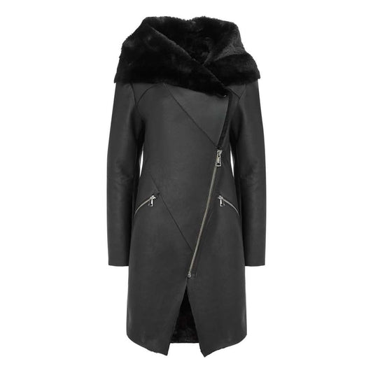 Diagonal Zipper Women Black Shearling Leather Coat - Jacket Hunt