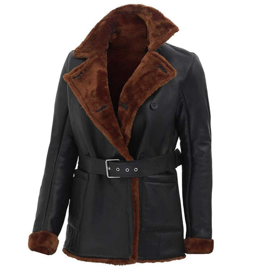 Double Breasted Shearling Leather Coat Women Winters Jacket
