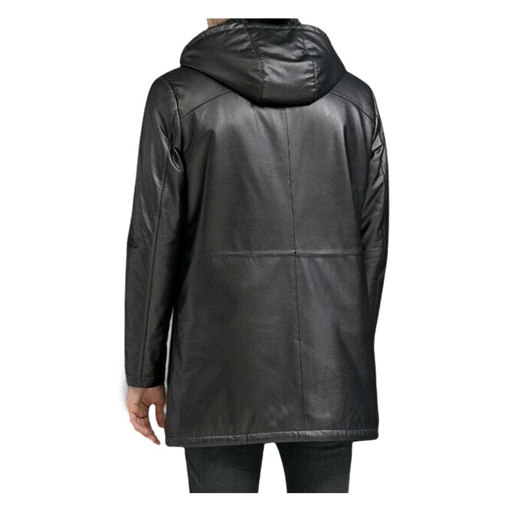 Men Black Shearling Leather Blazer Bomber Leather Hoodie Trench Coat