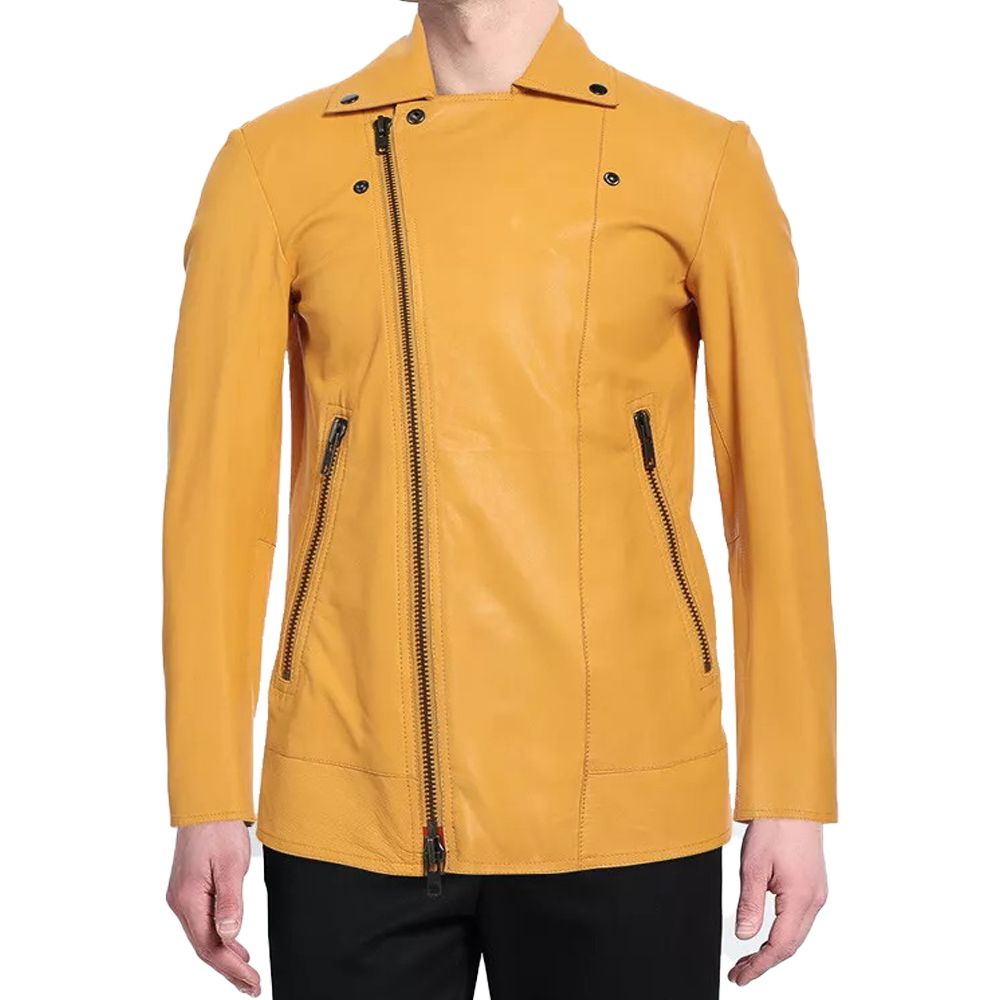 Men Slim Fit Yellow Zip-Up Leather Jacket