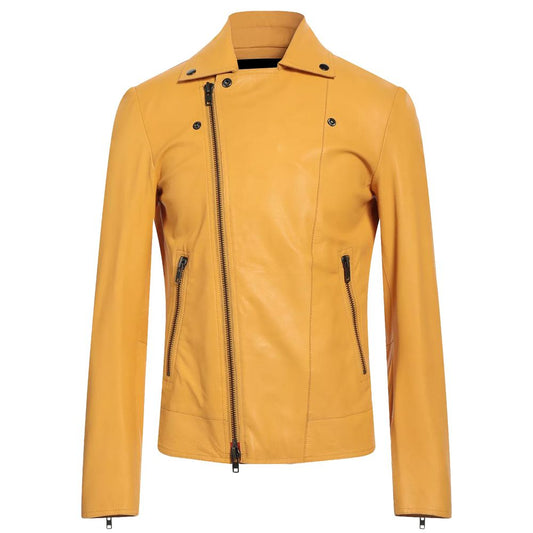 Men Slim Fit Yellow Zip-Up Leather Jacket