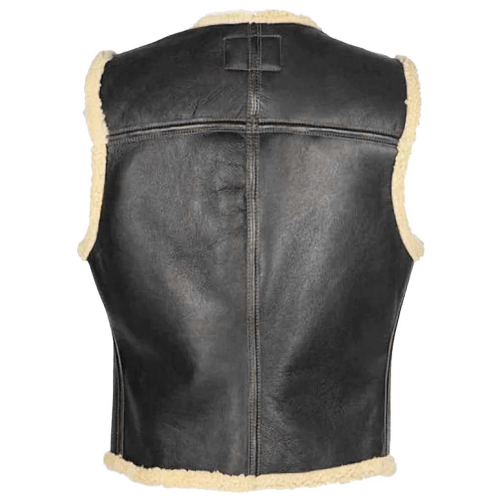 Men Vintage Motorcycle Bomber Shearling Leather Vest Black-back