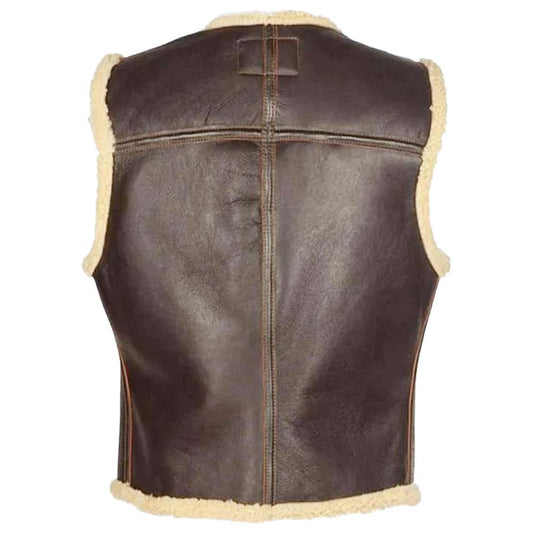 Men Vintage Motorcycle Bomber Shearling Leather Vest Dark Brown-Back