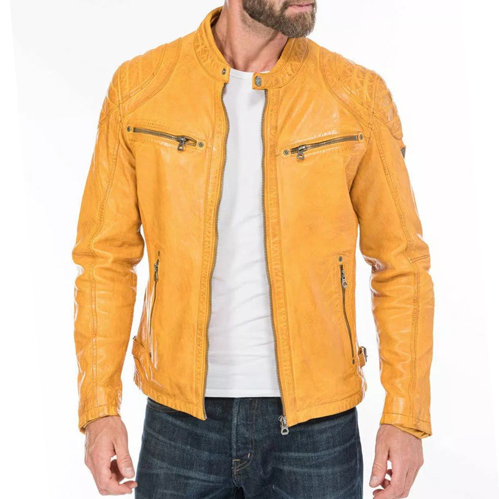 Mens Slim Fit Yellow Leather Jacket