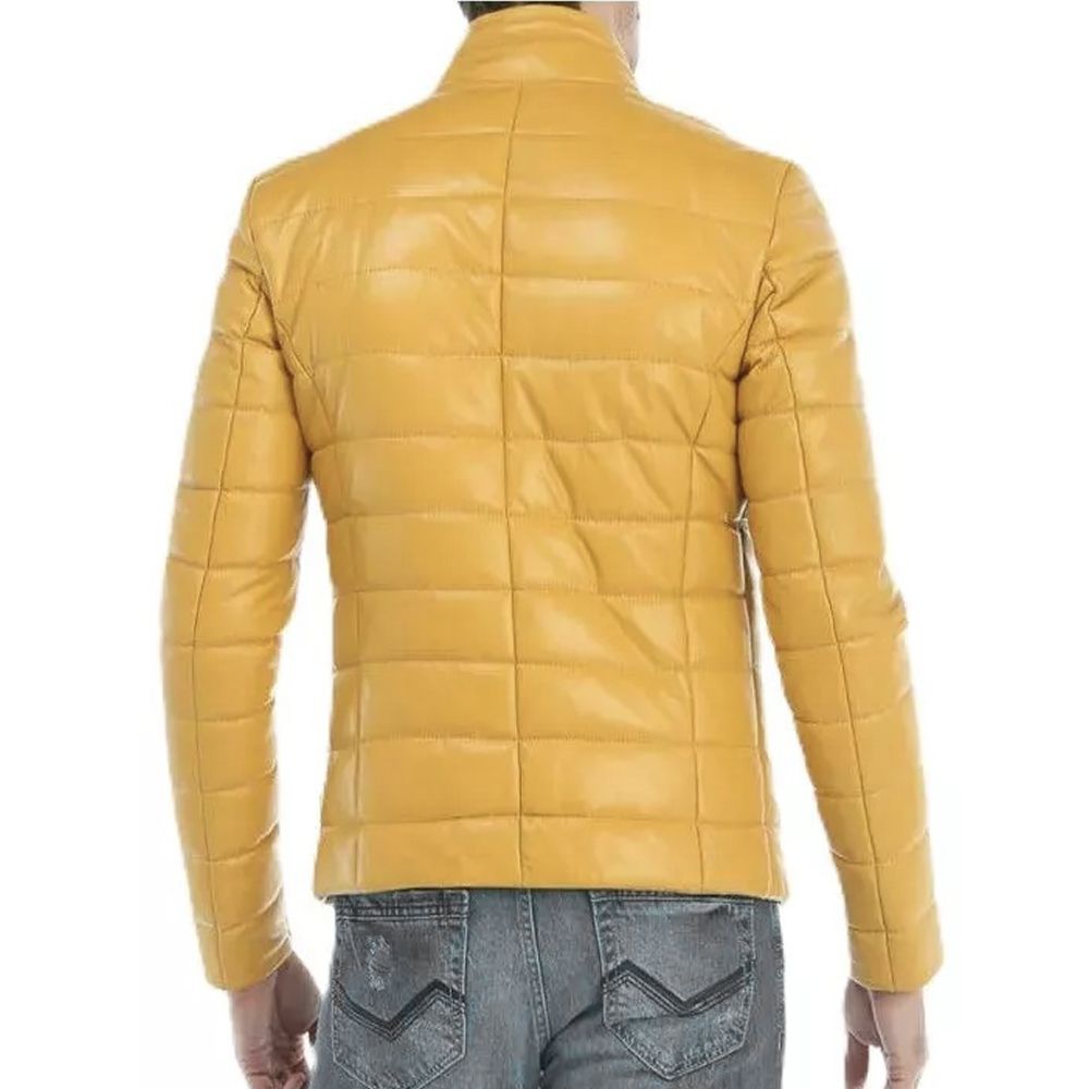 Men's Yellow Puffer Real Leather Biker Jacket – Jacket Hunt