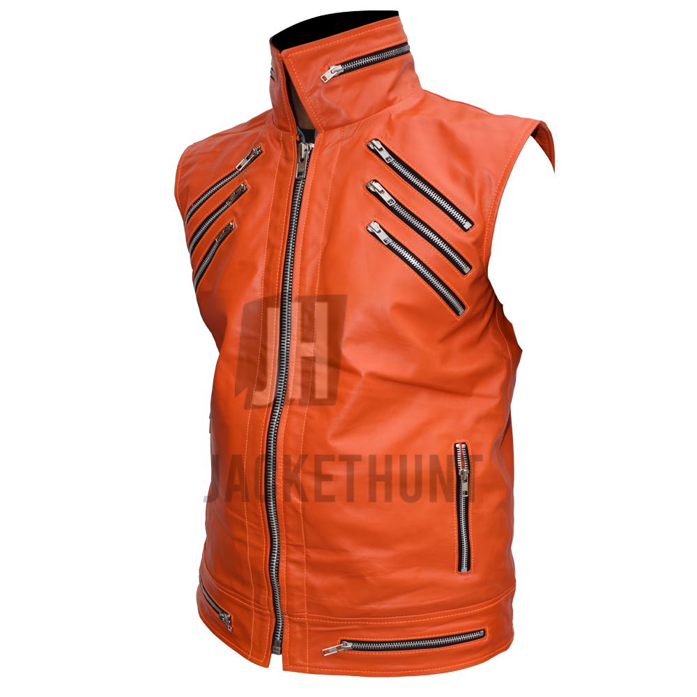 Rebel Punk Rockstar Zipper Orange Leather Vest