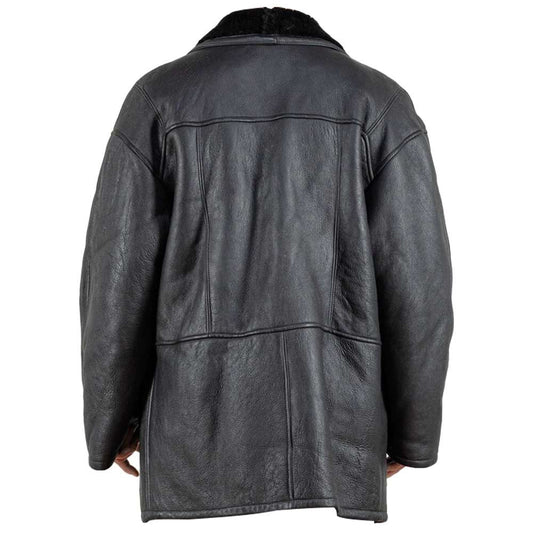 Retro Shearling Leather Black Trench Overcoat Men