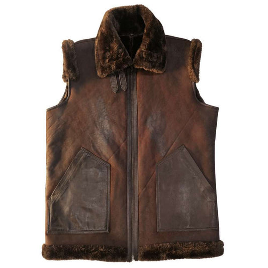 Vintage Dark Brown Shearling Leather Bomber Vest Men's