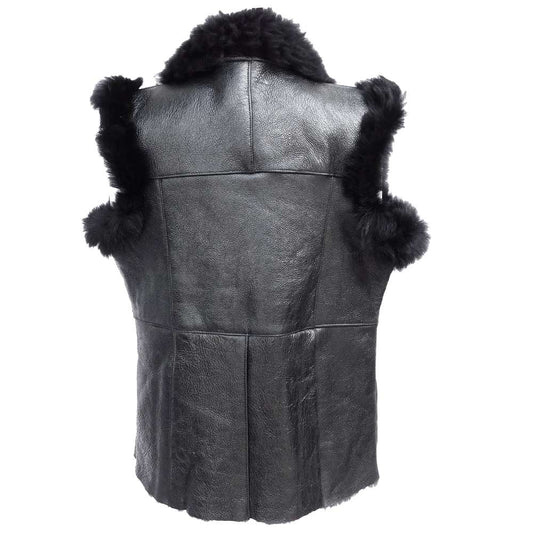 Women Black Shearling leather Vest Ladies Black Fur Leather Long Vest