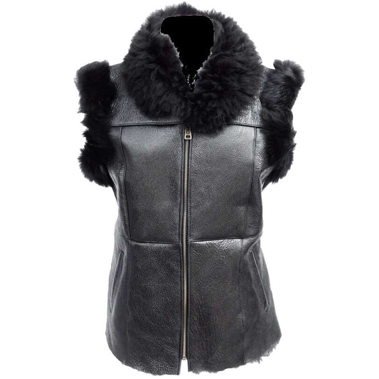 Women Black Shearling leather Vest Ladies Black Fur Leather Long Vest
