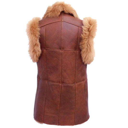 Women Bomber Shearling Wax Leather Vest Ladies Vintage Fur Vest