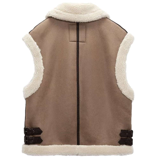Women Camel Brown Motorcycle Shearling Leather Vest 