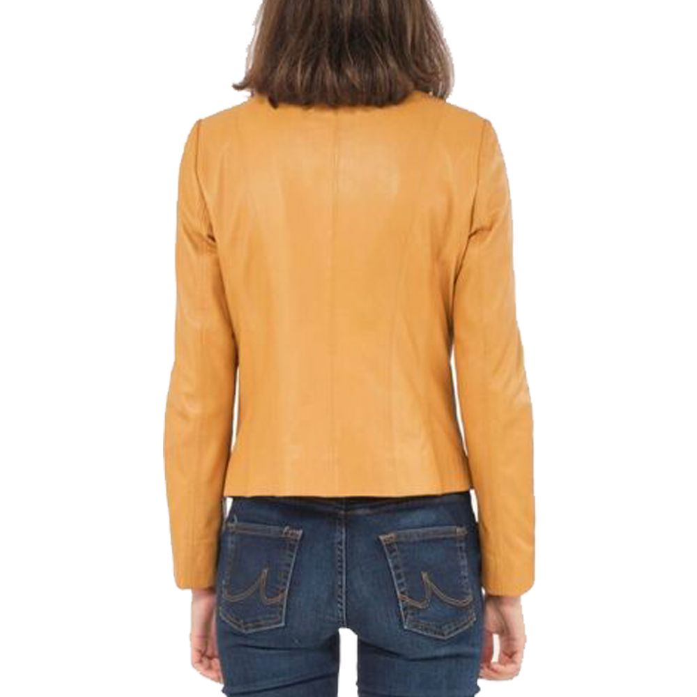 Women Slim Fit Yellow Leather Jacket