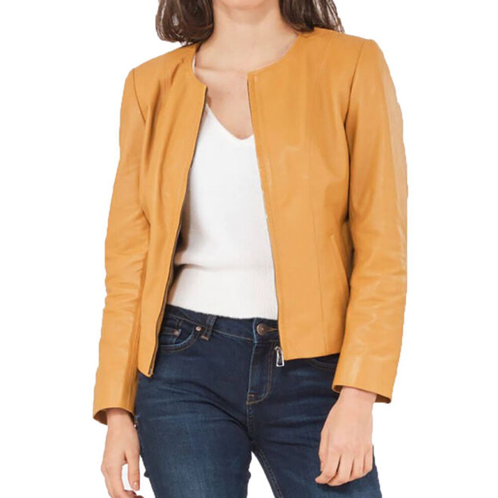 Women Slim Fit Yellow Leather Jacket