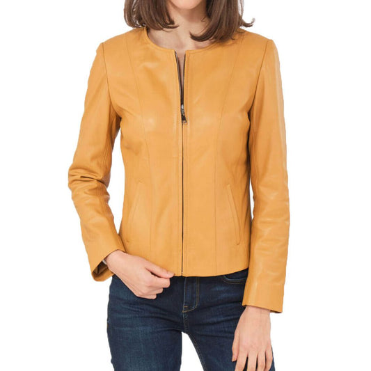 Women Slim Fit Yellow Leather Jacket