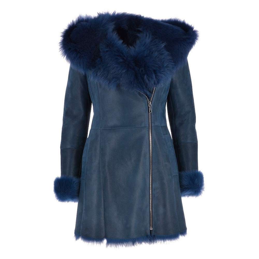 Women Vintage Toscana Shearling Leather Coat | Black / Blue