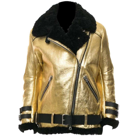 Women's Golden Leather Aviator Shearling Jacket