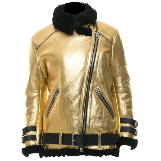 Women's Golden Leather Aviator Shearling Jacket
