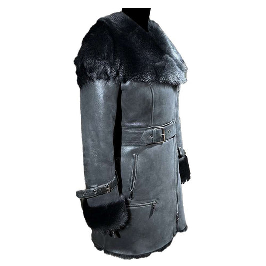 Women's Gray Genuine Leather Shearling Coat Winters Fur Coat