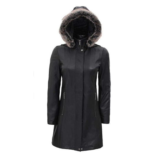 Women's Hooded Black Shearling Collar Leather Coat | Fur Leather Hoodie