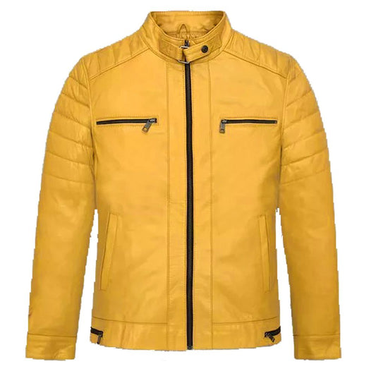 Yellow Leather Slim Fit Zipper Jacket