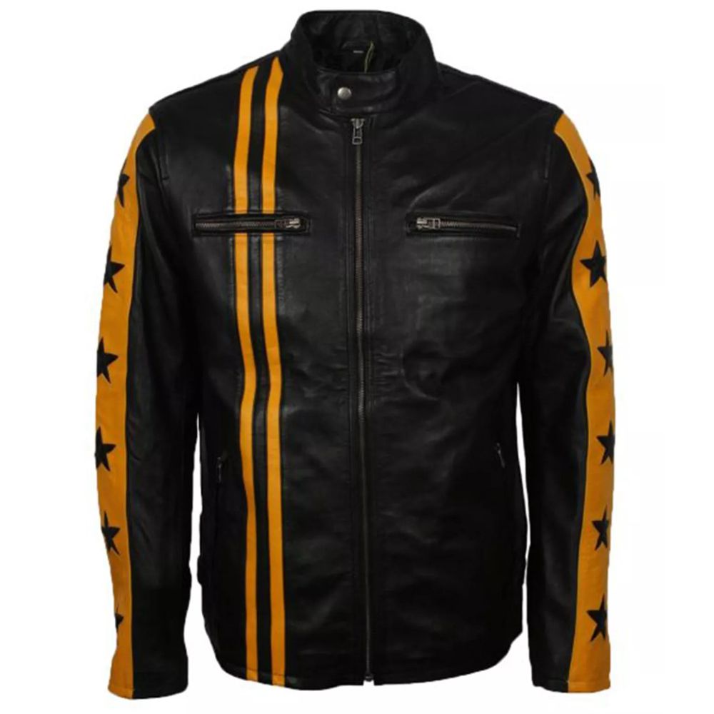 Yellow Star Cafe Racer Black Leather Jacket