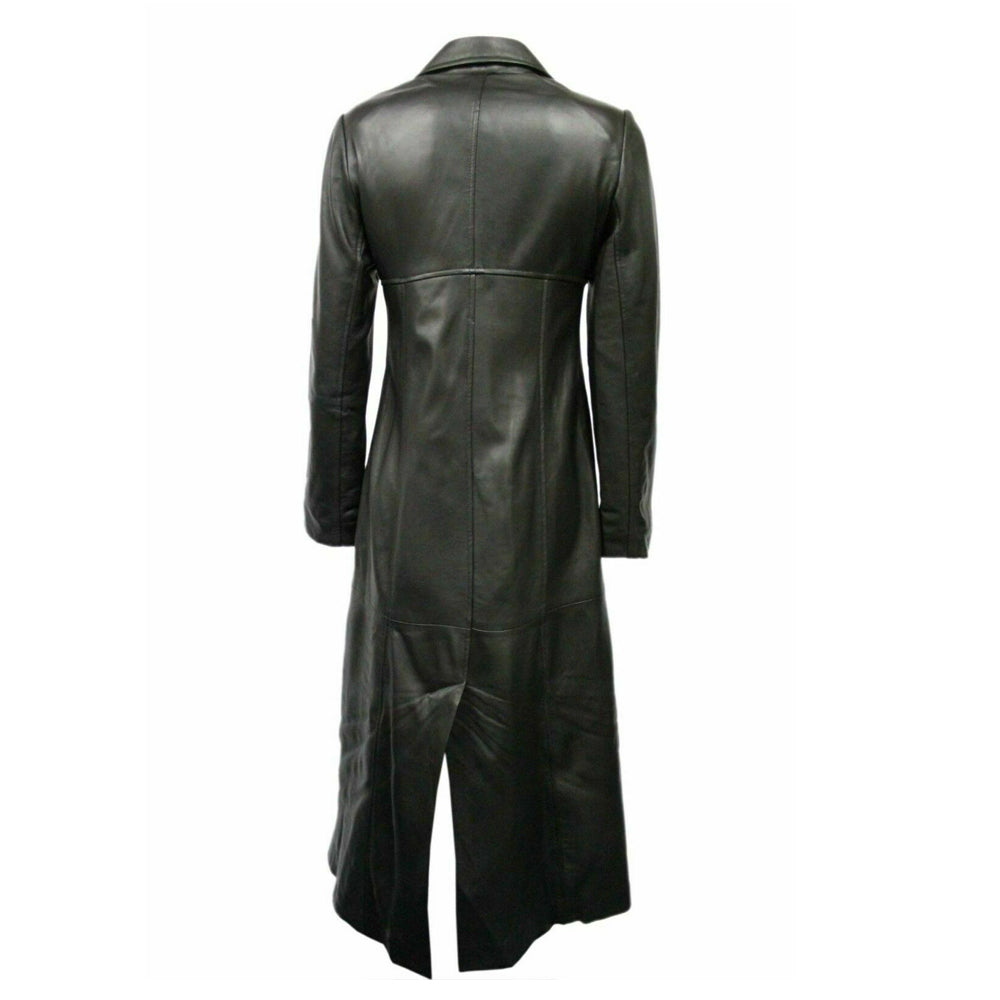 Women Genuine Black Leather Long Trench Overcoat Back