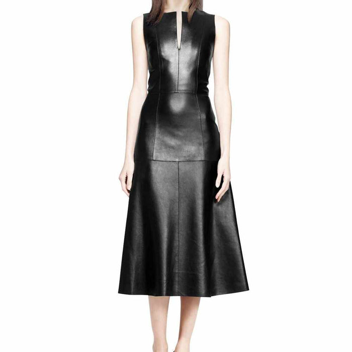 Women Black Long Leather Party Dress Coat