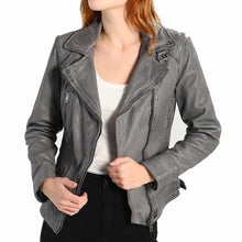Load image into Gallery viewer, Elegant Stylish Gray Motorcycle Fashion Leather Jacket Women - Jacket Hunt
