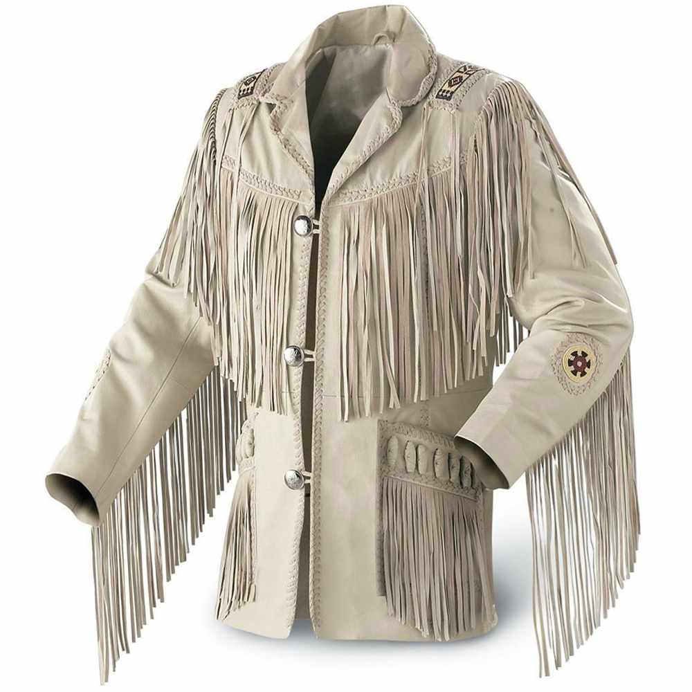 Native American Western Leather Beige Fringe Bones Suede Leather Jacket Mens