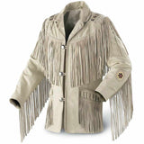 Native American Western Leather Beige Fringe Bones Suede Leather Jacket Mens