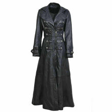 Load image into Gallery viewer, Women Black Genuine Leather Trench Military Long Coat
