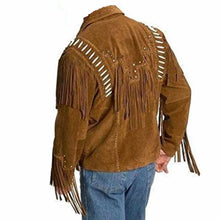 Load image into Gallery viewer, Native American Mens Western Tan Suede Leather Bones/Bead Fringed Jacket
