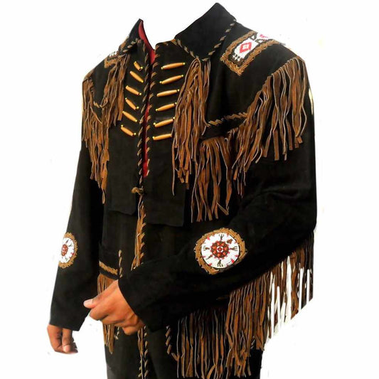 Native American Mens Black Western Suede Fringe Leather Jacket - Jacket Hunt