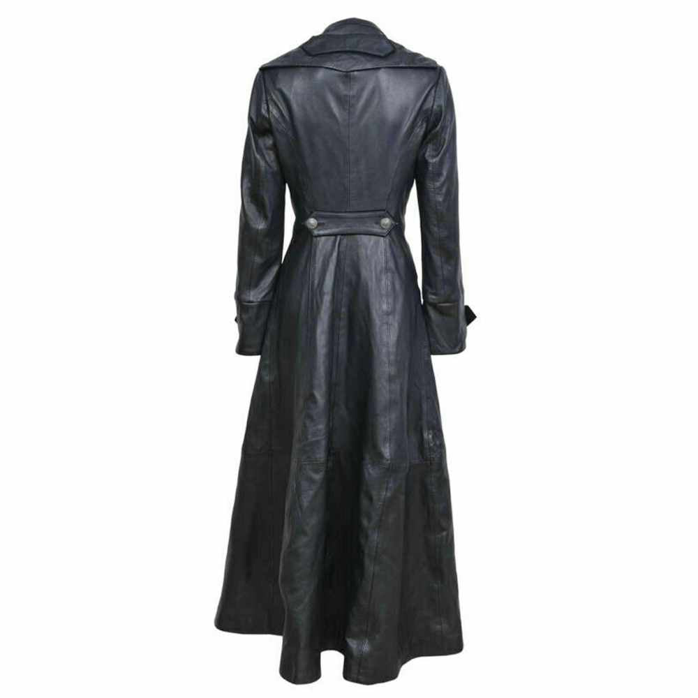 Women Black Genuine Leather Trench Military Long Coat Back