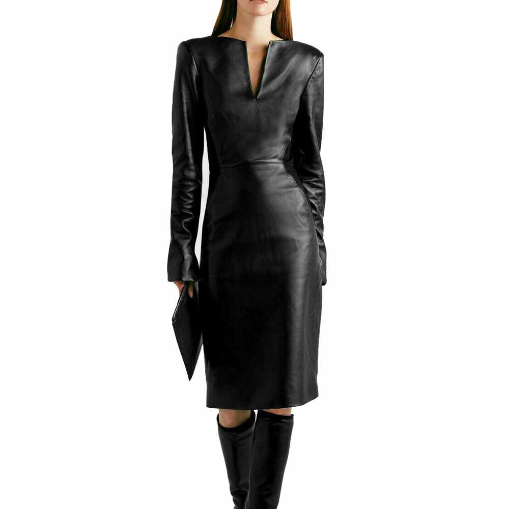 Women Cocktail Party V Neck Leather Dress