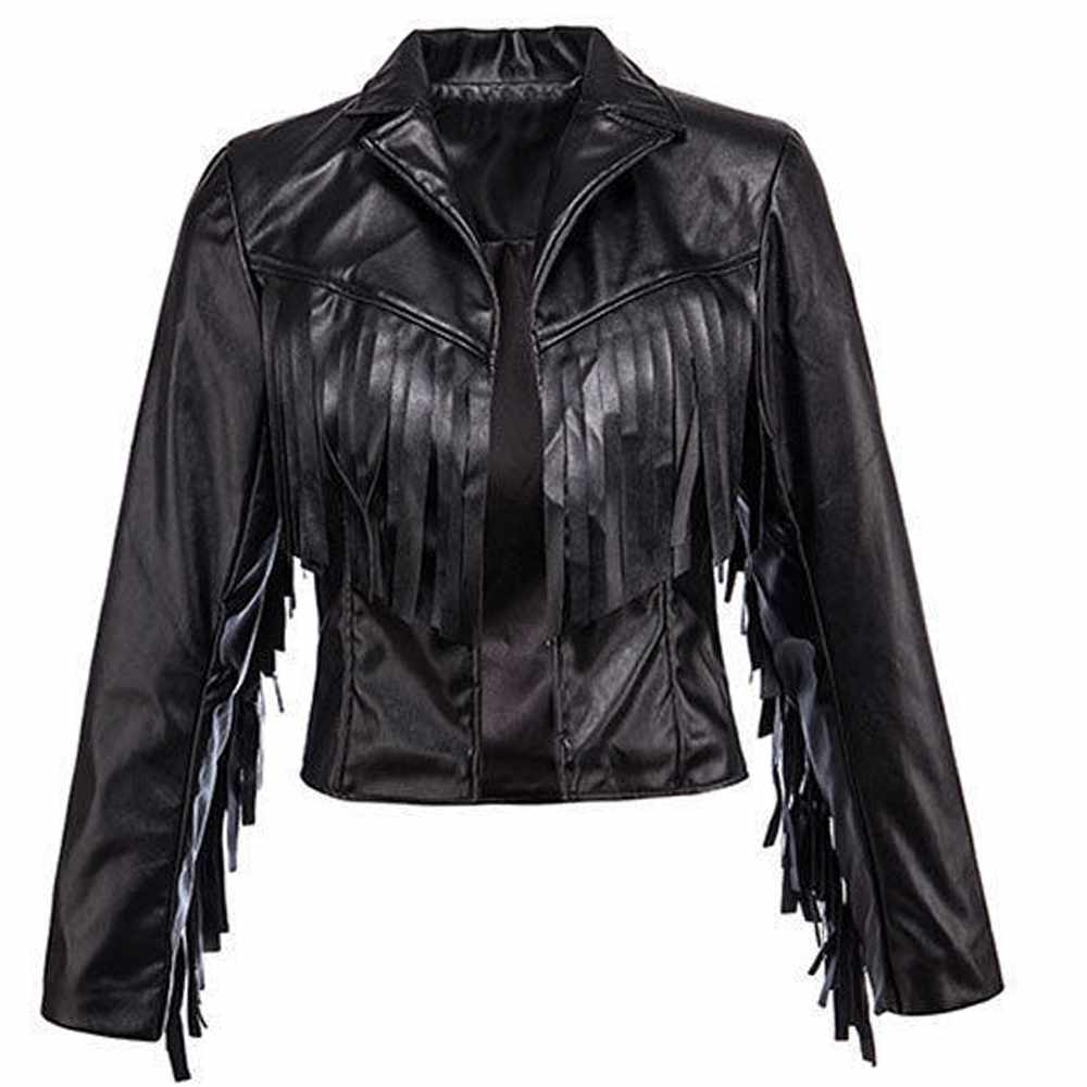Black Bomber Fashion Fringe Leather Jacket Women