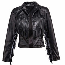 Load image into Gallery viewer, Black Bomber Fashion Fringe Leather Jacket Women
