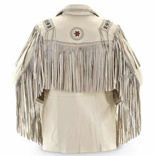 Load image into Gallery viewer, Native American Western Leather Beige Fringe Bones Suede Leather Jacket Mens
