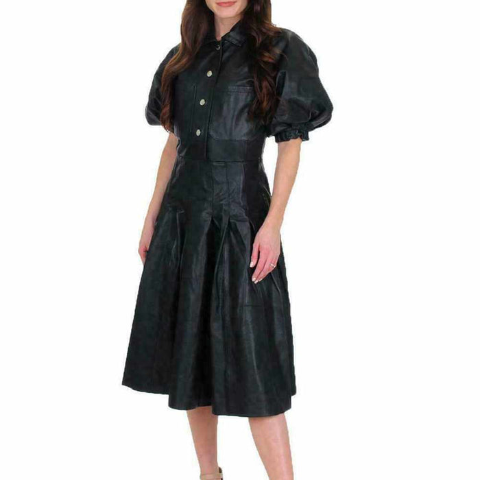 Women Black Leather Frock Causal Sexy Party Dress