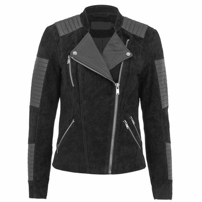 Women Black Nubuck Leather Motorcycle Fashion Jacket