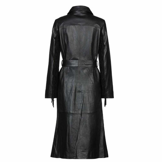 Women Double Breast Long Black Leather Trench Coat Blazer