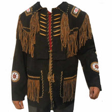 Load image into Gallery viewer, Native American Mens Black Western Suede Fringe Leather Jacket - Jacket Hunt
