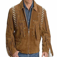 Load image into Gallery viewer, Native American Mens Western Tan Suede Leather Bones/Bead Fringed Jacket
