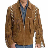 Native American Mens Western Tan Suede Leather Bones/Bead Fringed Jacket